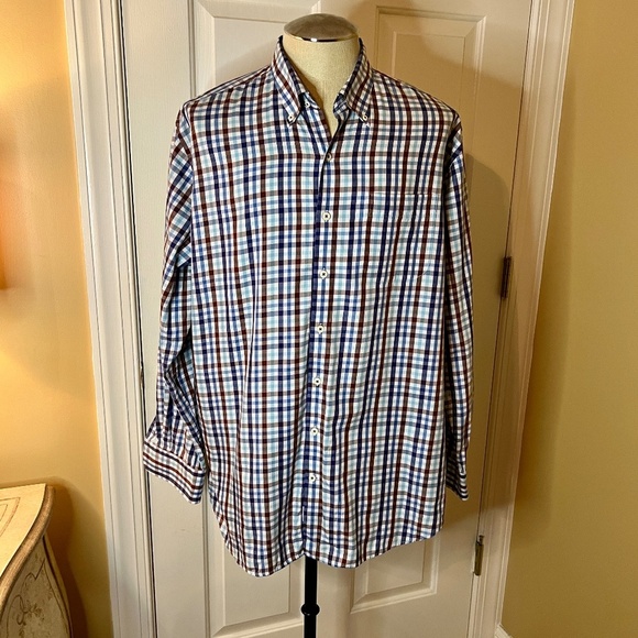 EUC Robert Graham Crown Blue White Brown Check Plaid Button Down Shirt Size XL - Picture 1 of 3